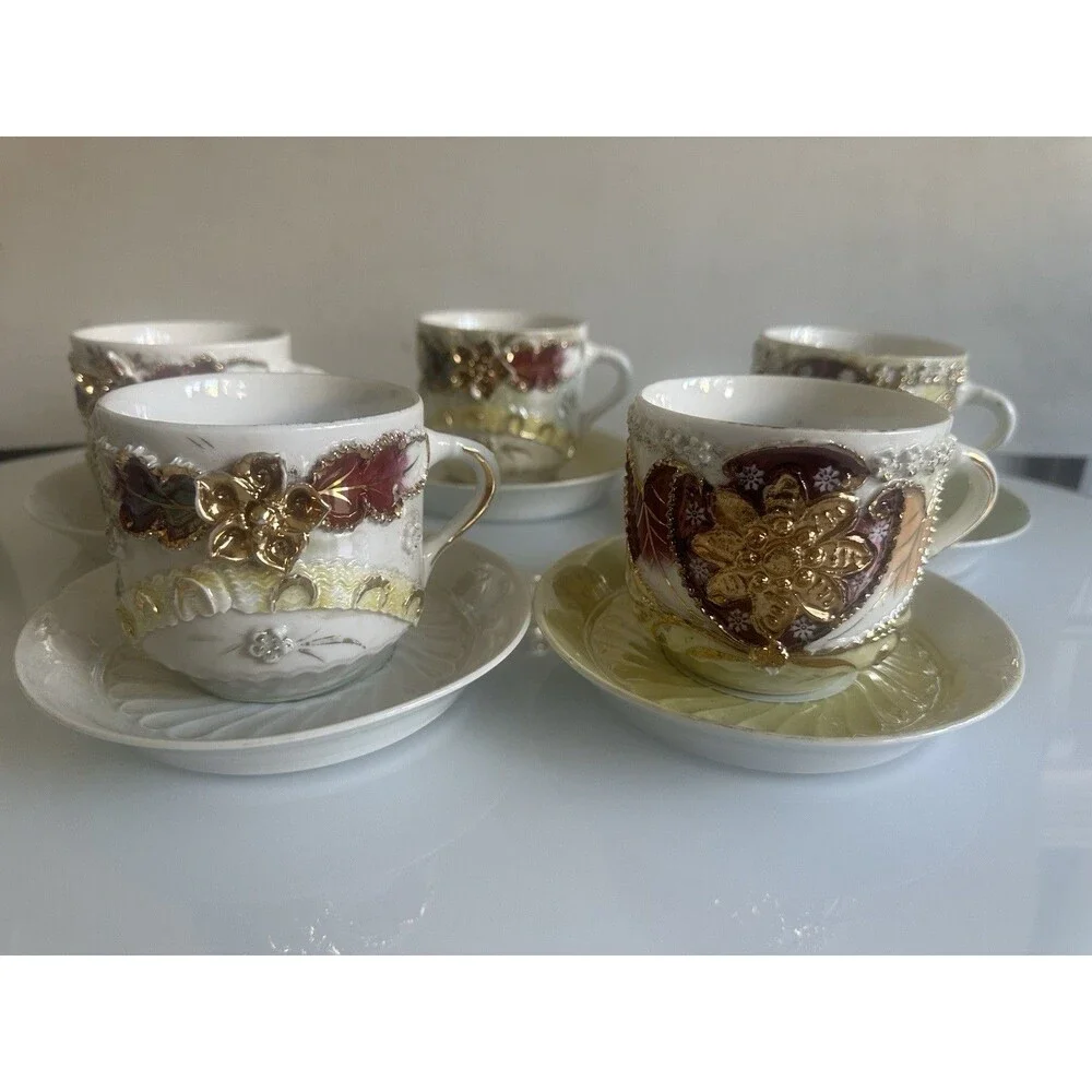 Unmarked Porcelain Floral Gold Trim 5 Cup & Saucer Sets Germany MPN 28